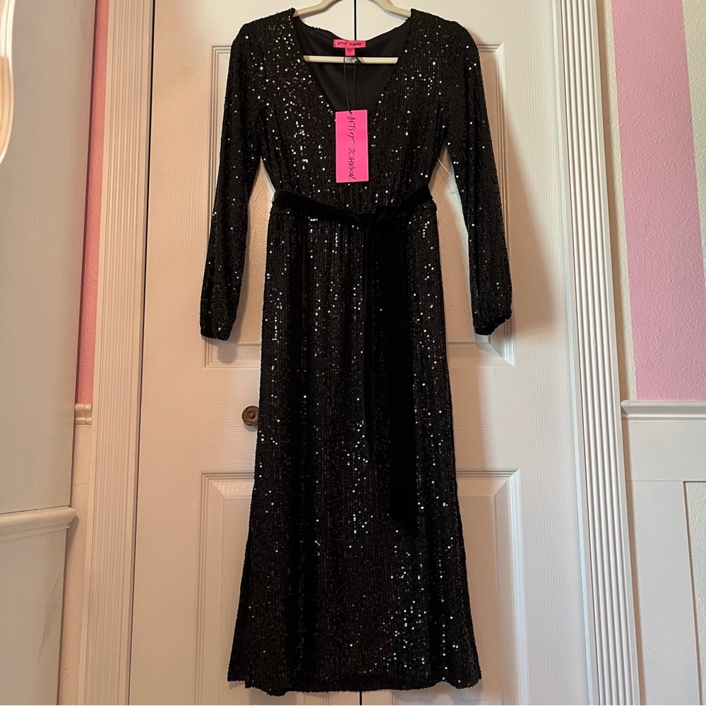 Betsy Johnson Cocktail Party Dress Black Long Sleeve Midi Side Slit Velvet Belt